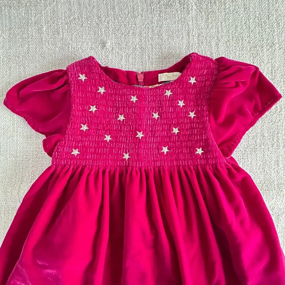 Mini Boden Fuchsia Velvet Star Embroidered Party Dress VGUC 2/3